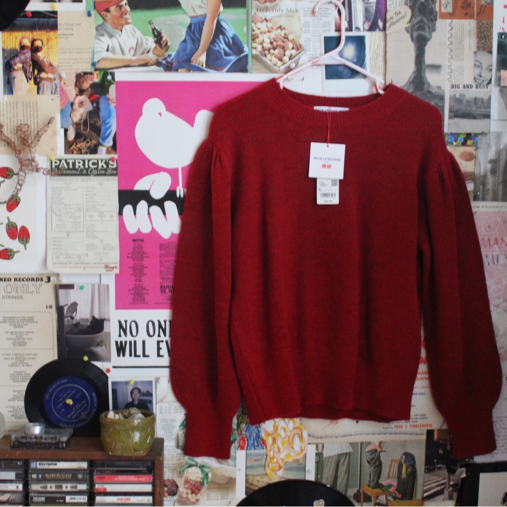 Red nylon and wool ballon sleeve sweater. Brand new with tags.